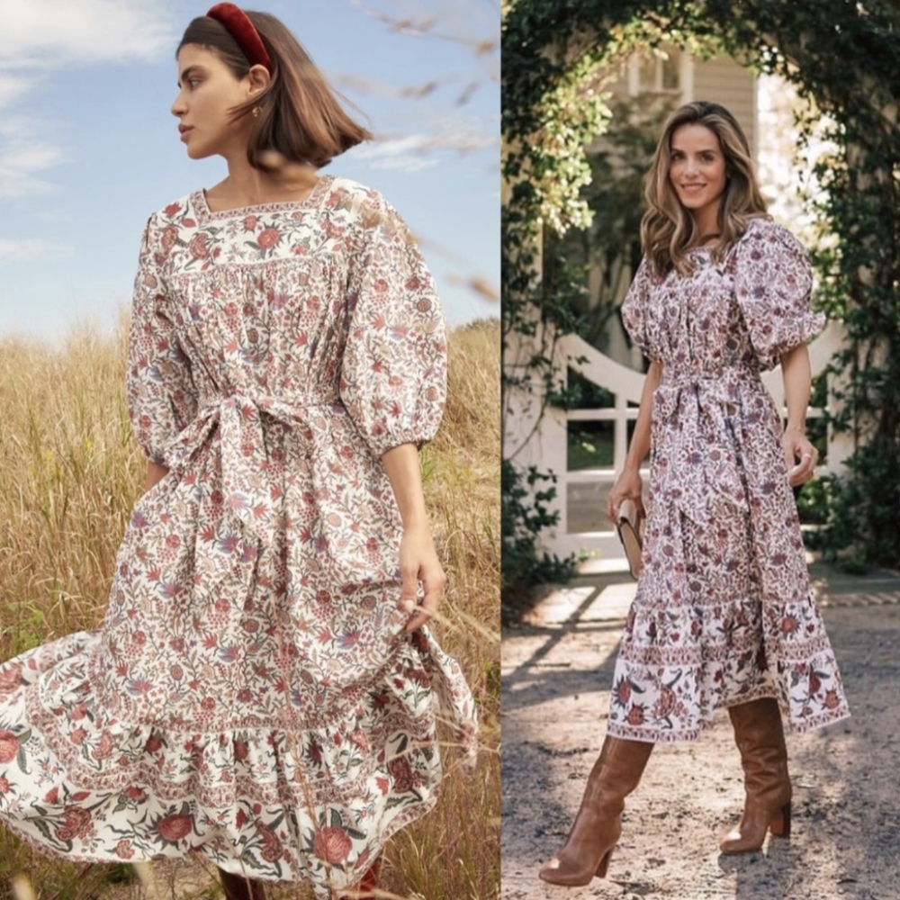 Loeffler Randall Juliana Provincial Floral Boho Cotton Midi Dress, size S